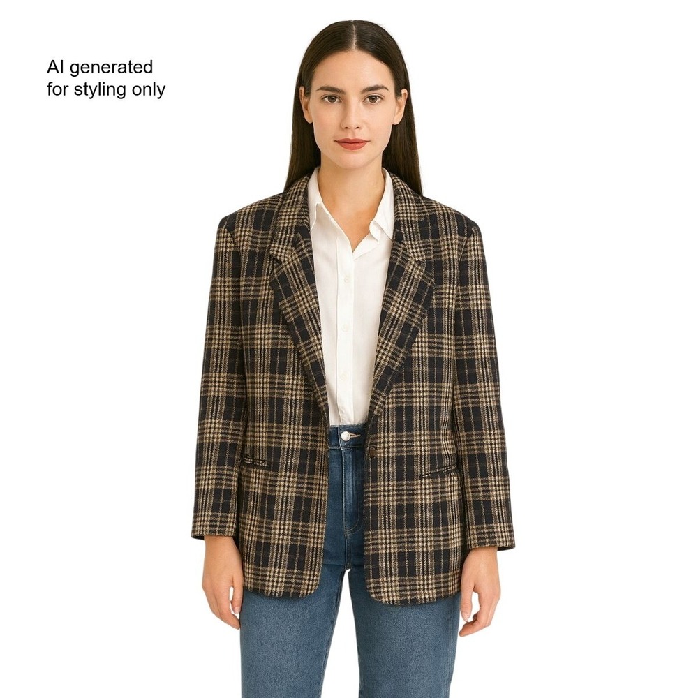 Vintage Jaeger Plaid Blazer Black Tan Wool Blend‎ Sparkle Button Jacket Women M